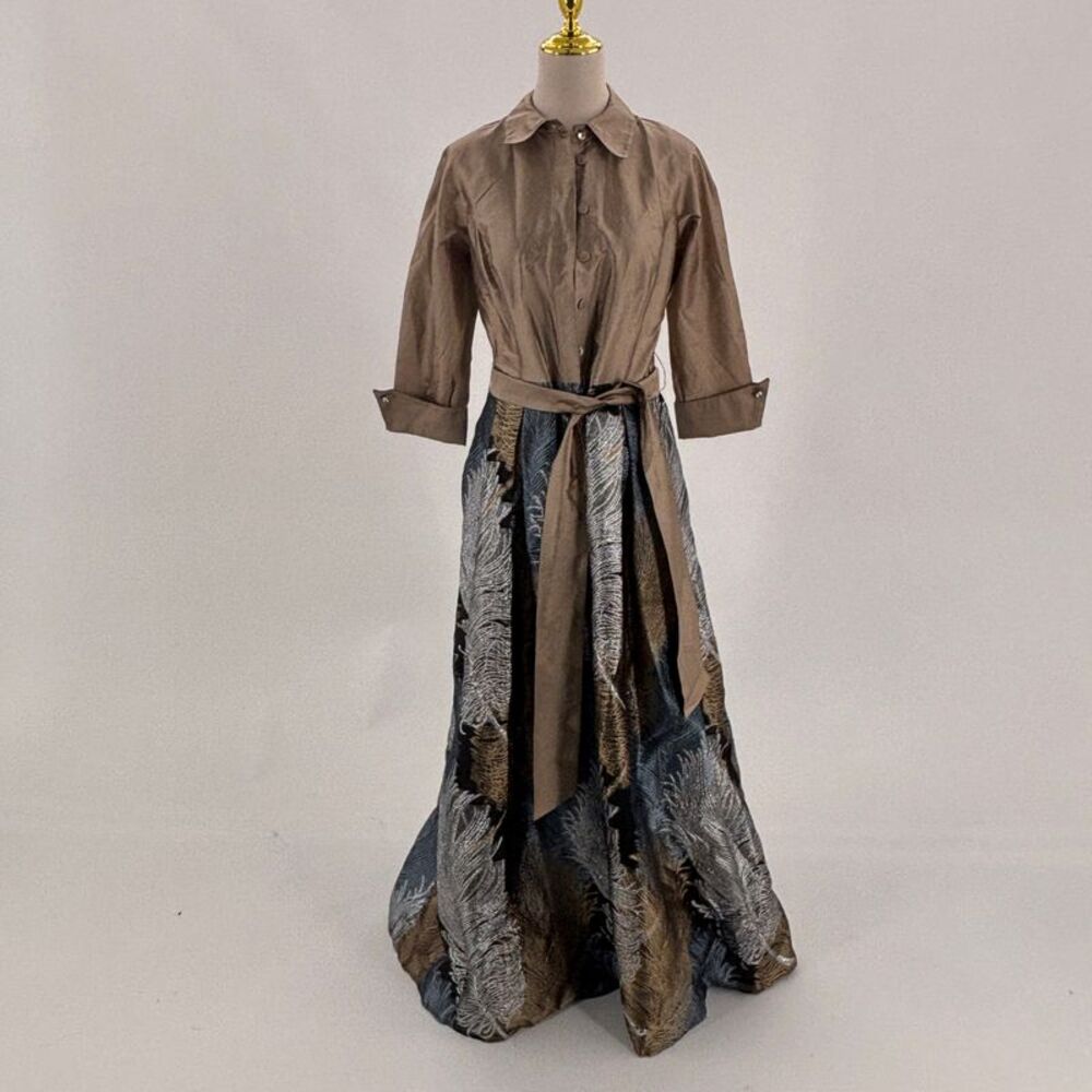 Teri Jon Metallic Feather-Print Maxi Skirt
